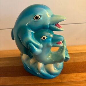Vintage 1970s Smiling Dolphin Riding a Wave Coin Bank